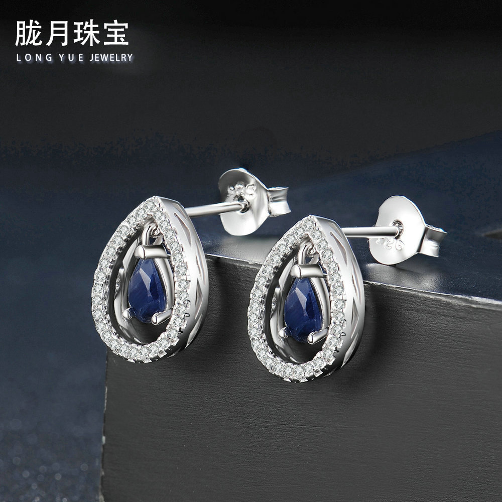 S925纯银镶嵌天然黑蓝宝石耳钉 跨境货源，工厂直供的珠宝批发新机遇